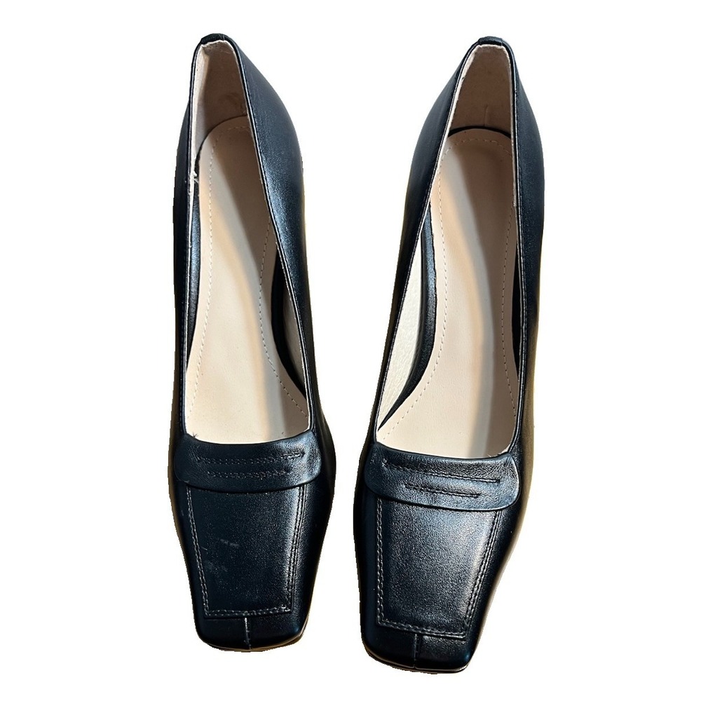 Black Square Toe Block Heel Women's Leather Office Dress Quiet Luxury Heel 7-7.5